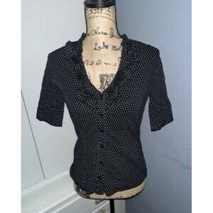 Maurices Black White Polka Dot Fitted Blouse, Ruffle Button Front, size S, small